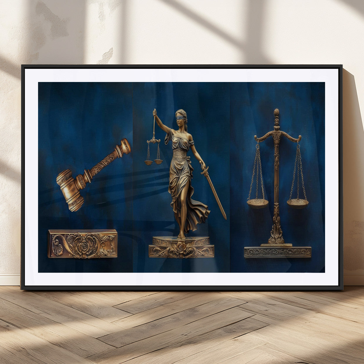 91629053-MGC-FP-36x24_Black-Lady Justice Wall Art – Golden Gavel and Scales Canvas Print, Elegant Legal Office Decor for Lawyers, Judges, Courtroom or Study