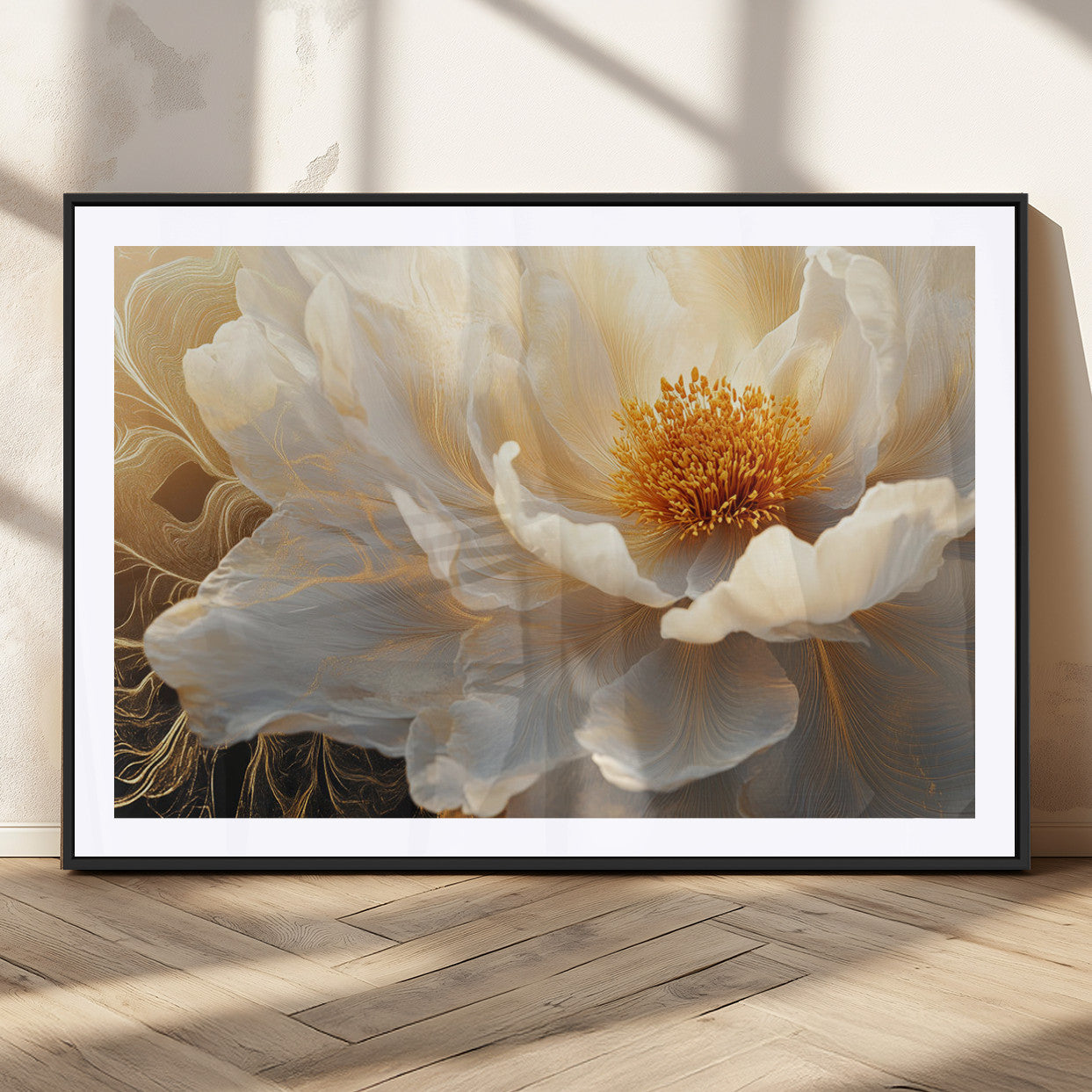 29539087-MGC-FP-36x24_Black-Floral Wall Art – Elegant White and Gold Bloom Canvas Print, Romantic Modern Flower Artwork for Bedroom, Living Room, or Office