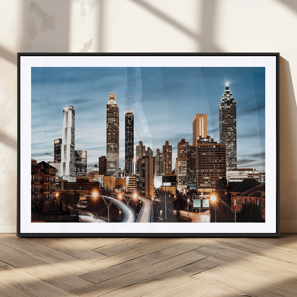 23859158-MGC-FP-36x24_Black-Atlanta Skyline Wall Art – Modern Cityscape Canvas Print with Night Lights and Traffic Trails, Urban Decor for Office, Apartment,