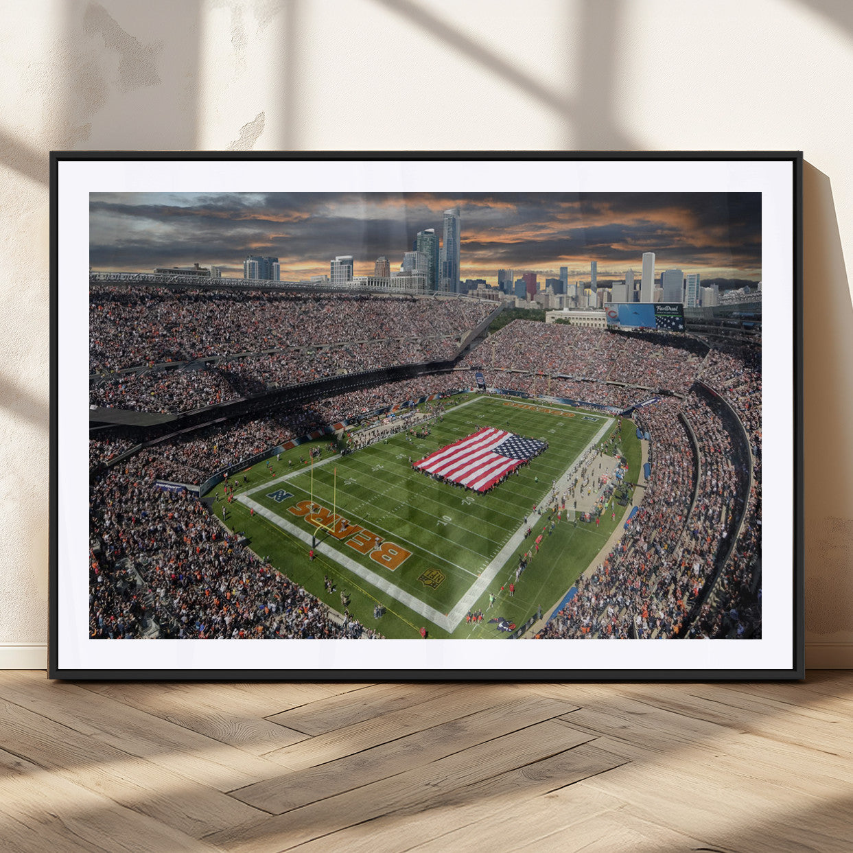 98106777-MGV-CV-36X24-Soldier Field Wall Art – Chicago Bears Stadium Canvas Print with American Flag, Game Day Football Decor for Man Cave, Bar, or