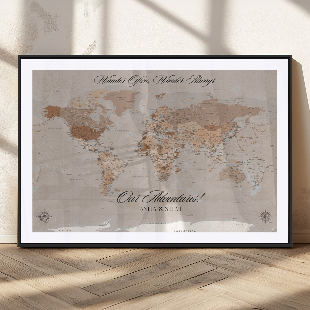 95243244-MGV-CV-36X24-Wander Often Wonder Always World Map Wall Art – Neutral Beige Adventure Canvas Print, Rustic Boho Travel Decor for Bedroom, Living
