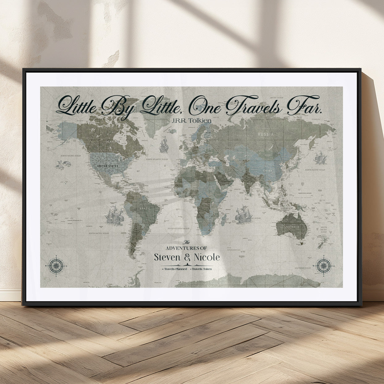 10693204-MGC-FP-36x24_Black-Little By Little One Travels Far Tolkien Quote Blue Green World Map Adventure Wall Art Canvas Print Rustic Wanderlust Travel Decor