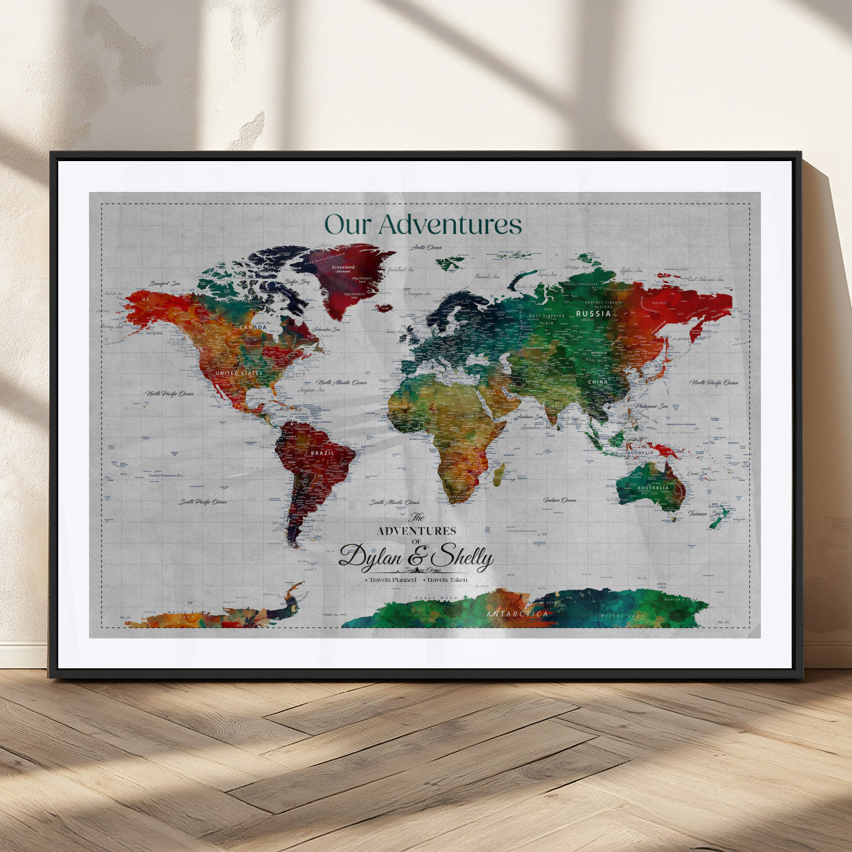50035254-MGC-FP-36x24_Black-Personalized Colorful Push Pin World Map Canvas – Custom Framed Travel Tracker Wall Art with Pins, Unique Adventure Decor for Home, Office