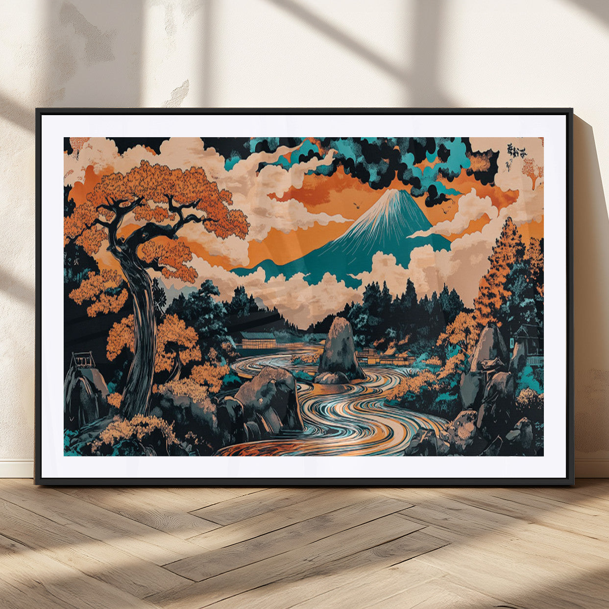 21638941-MGC-FP-36x24_Black-Japanese Landscape Wall Art – Mount Fuji and Flowing River Ukiyo-e Style Canvas Print, Traditional Japan Inspired Artwork for