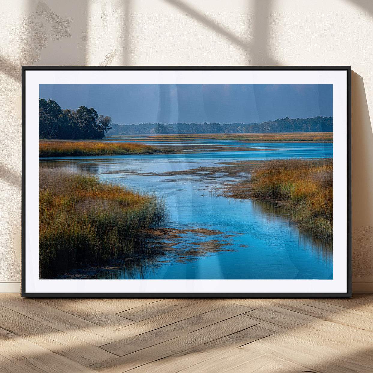 26300004-MGC-FP-36x24_Black-Tranquil Marshland Canvas Wall Art – Blue Water, Reflective Sky, Golden Grasses, Calm Nature Landscape, Scenic Outdoor Beauty for