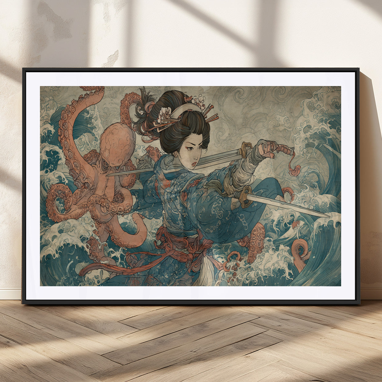 52037775-MGV-CV-36X24-Tsukioka Yoshitoshi Samurai Wall Art Print, Japanese Katana Warrior Canvas Wall Art, Octopus Sea Monster Canvas Print,