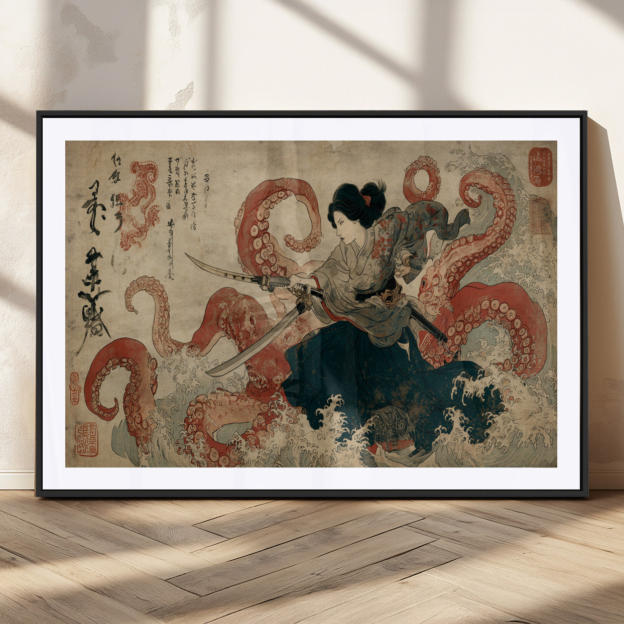 50812504-MGC-FP-36x24_Black-Samurai Woman vs Octopus Wall Art – Japanese Ukiyo-e Red Tentacle Canvas Print, Ocean Battle Artwork for Living Room, Office, Man