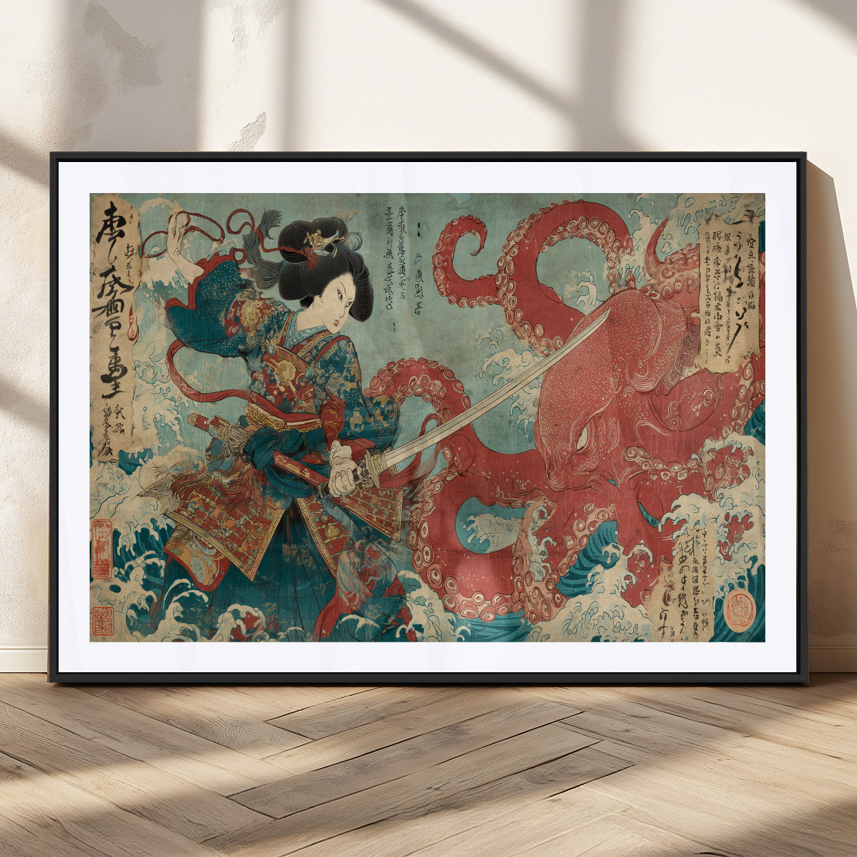 68844327-MGV-CV-36X24-Tsukioka Yoshitoshi Samurai Wall Art Print, Japanese Katana Warrior Canvas Wall Art, Octopus Sea Monster Canvas Print,