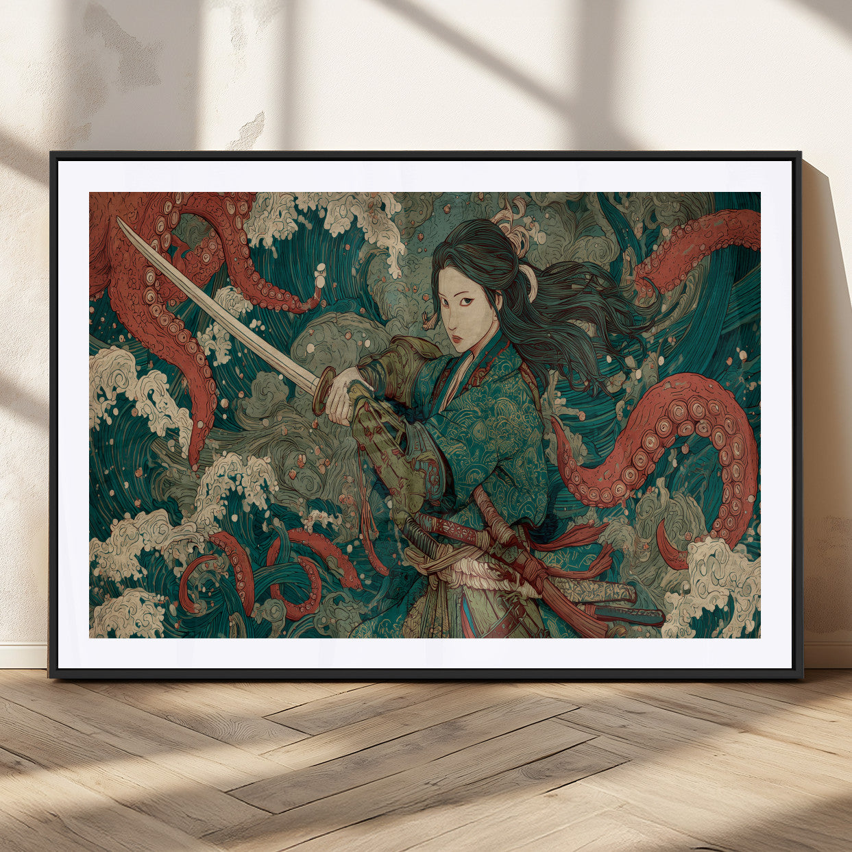 35461724-MGC-FP-36x24_Black-Samurai Woman vs Octopus Wall Art – Japanese Ukiyo-e Ocean Waves Canvas Print, Red Tentacle Battle Artwork for Living Room,