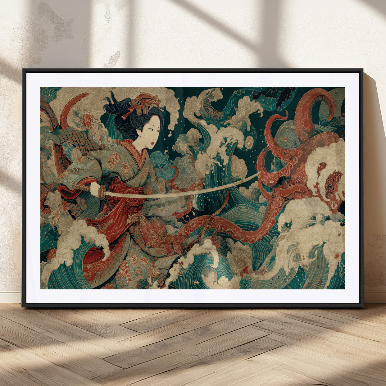 30212982-MGC-FP-36x24_Black-Samurai Woman vs Octopus Wall Art – Japanese Ukiyo-e Style Warrior and Sea Monster Canvas Print, Mythology Inspired Artwork for