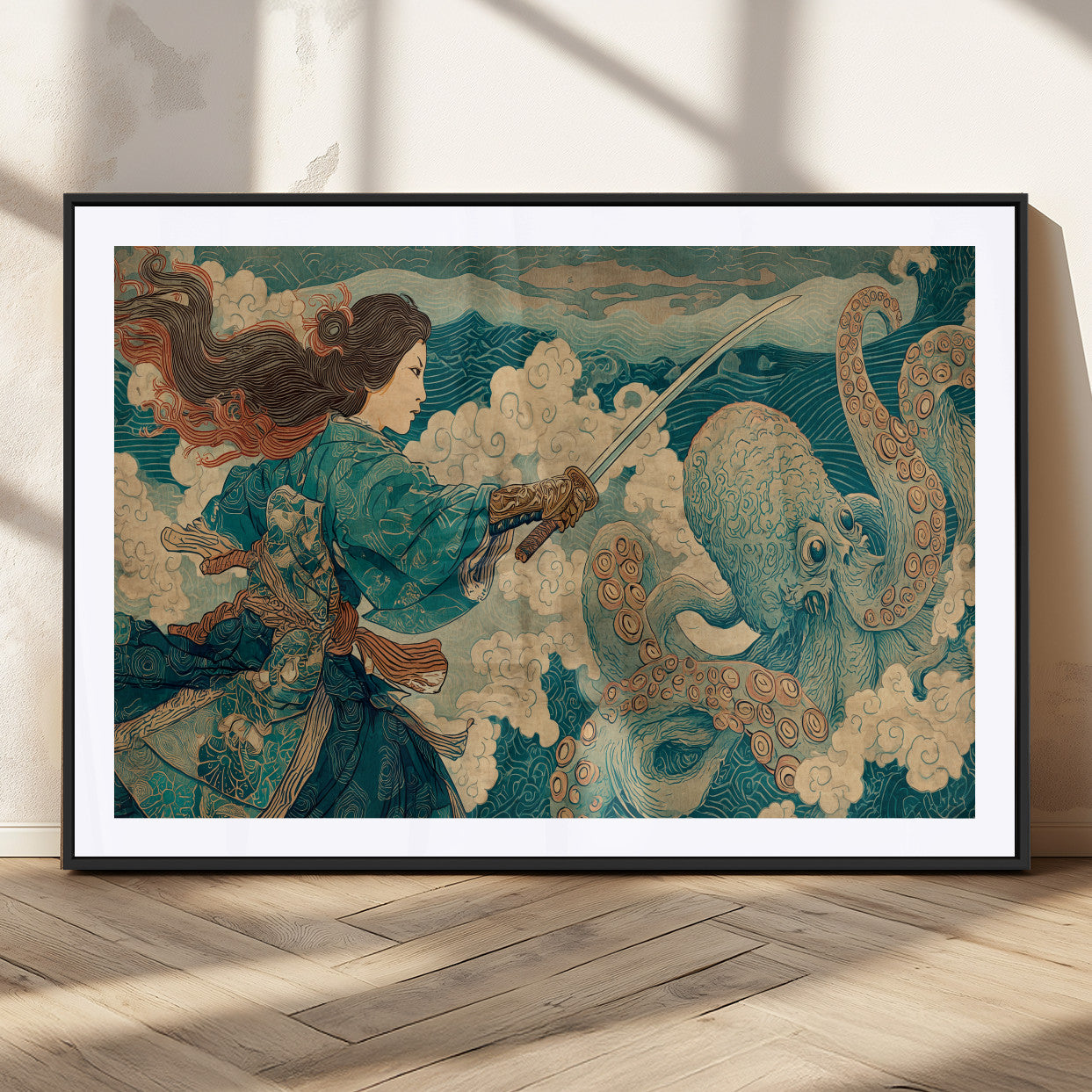99764195-MGC-FP-36x24_Black-Samurai vs Octopus Wall Art – Japanese Ukiyo-e Style Warrior and Sea Monster Canvas Print, Mythology Inspired Artwork for Living