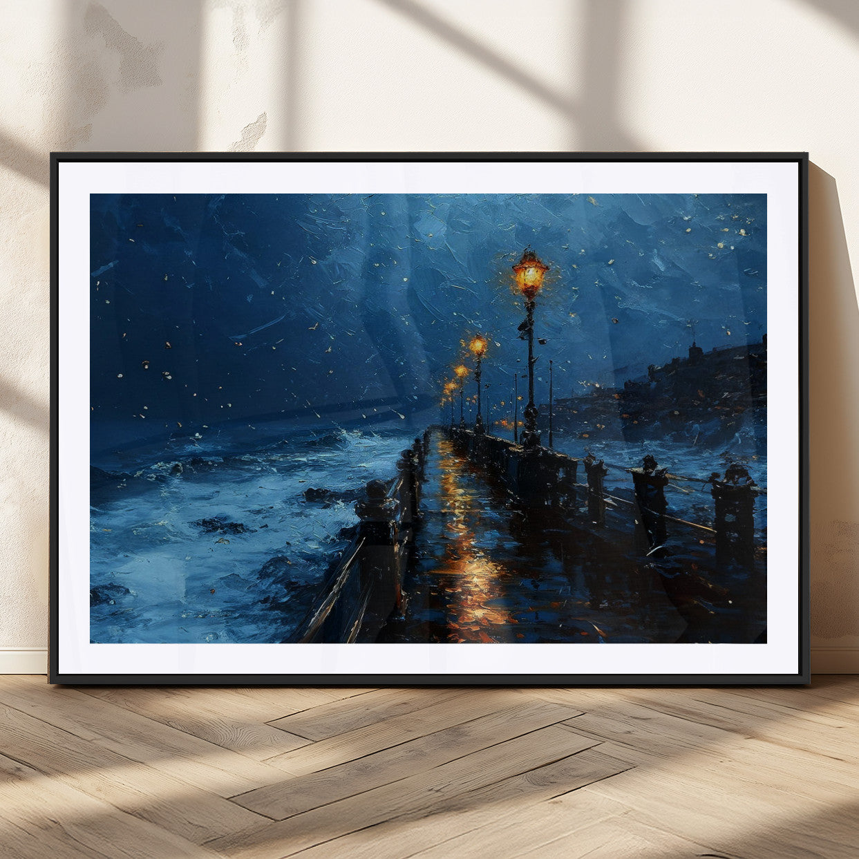 48300530-MGC-FP-36x24_Black-Night Pier Wall Art – Moody Ocean Boardwalk Canvas Print, Impressionist Coastal Seascape Painting Decor for Living Room, Office,