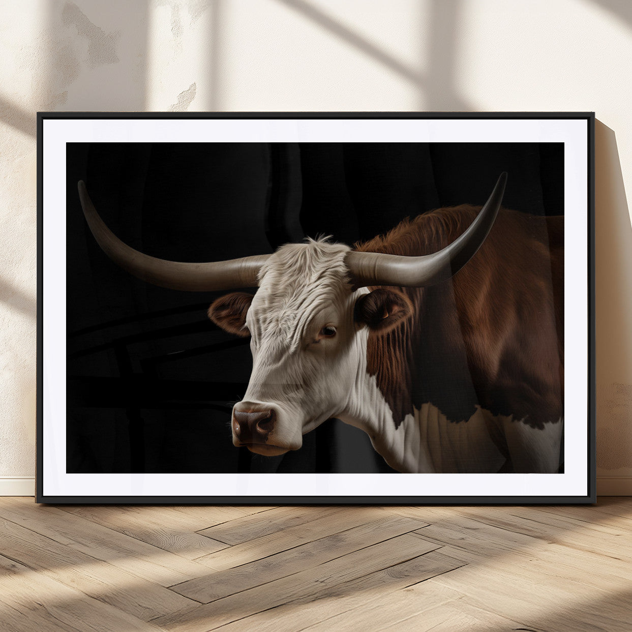 27414857-MGC-FP-36x24_Black-Longhorn Bull Wall Art – Dramatic Western Steer Portrait Canvas Print, Rustic Farmhouse Animal Decor for Living Room, Office, or