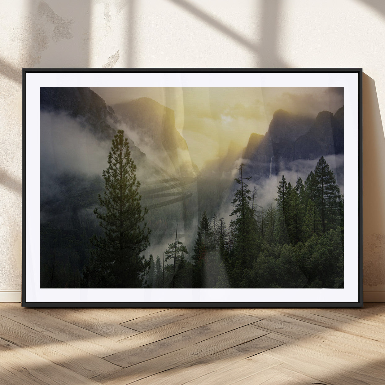 38316884-MGC-FP-36x24_Black-Landscape Wall Art – Misty Mountain Valley Canvas Print, Scenic Pine Forest and Sunrise Photography Decor for Bedroom, Living