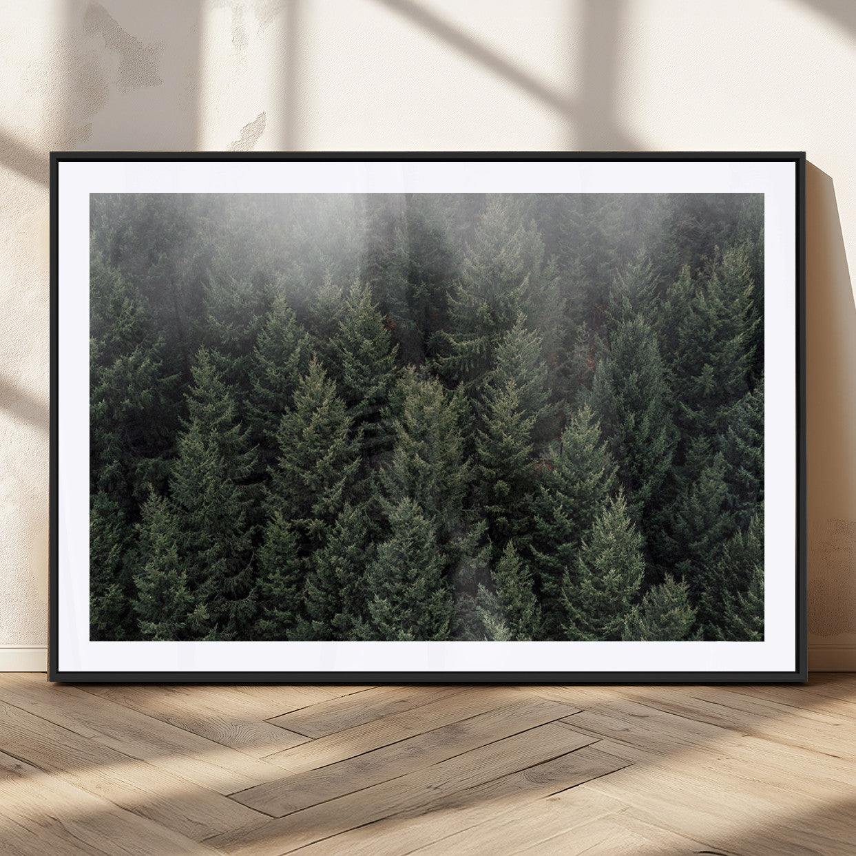 84059409-MGC-FP-36x24_Black-Forest Wall Art – Misty Evergreen Trees Canvas Print, Tranquil Nature Photography Decor for Bedroom, Living Room, Office, Cabin or