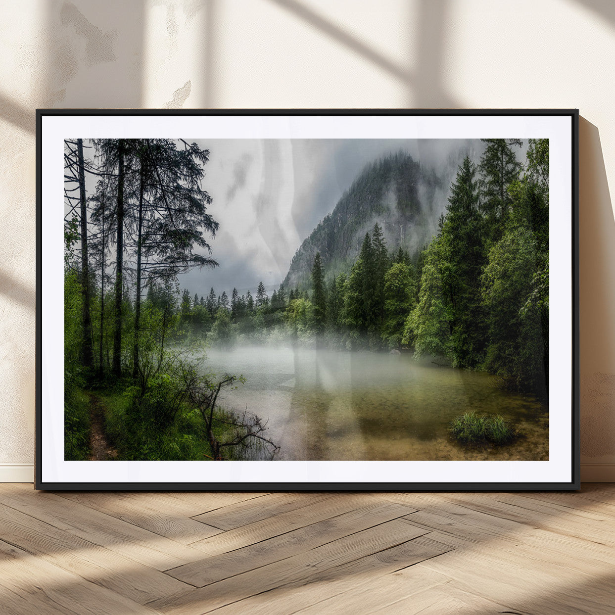 93123937-MGC-FP-36x24_Black-Landscape Wall Art – Misty Mountain Lake Canvas Print, Tranquil Forest and Waterfall Photography Decor for Bedroom, Living Room,