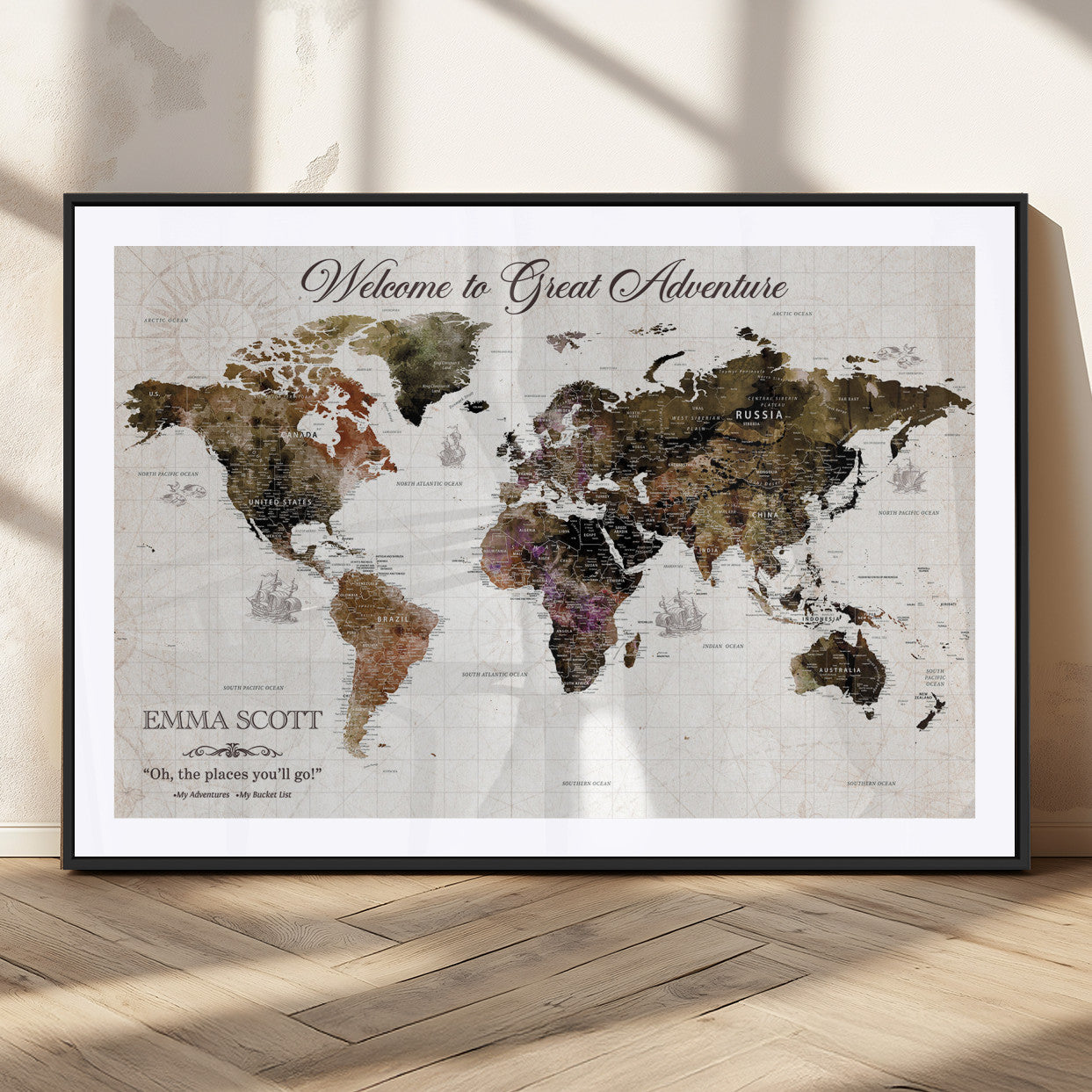 33631532-MGC-FP-36x24_Black-Personalized World Map Wall Art – Dark Vintage Adventure Travel Map with Custom Names, Rustic Wall Decor for Couples, Home or