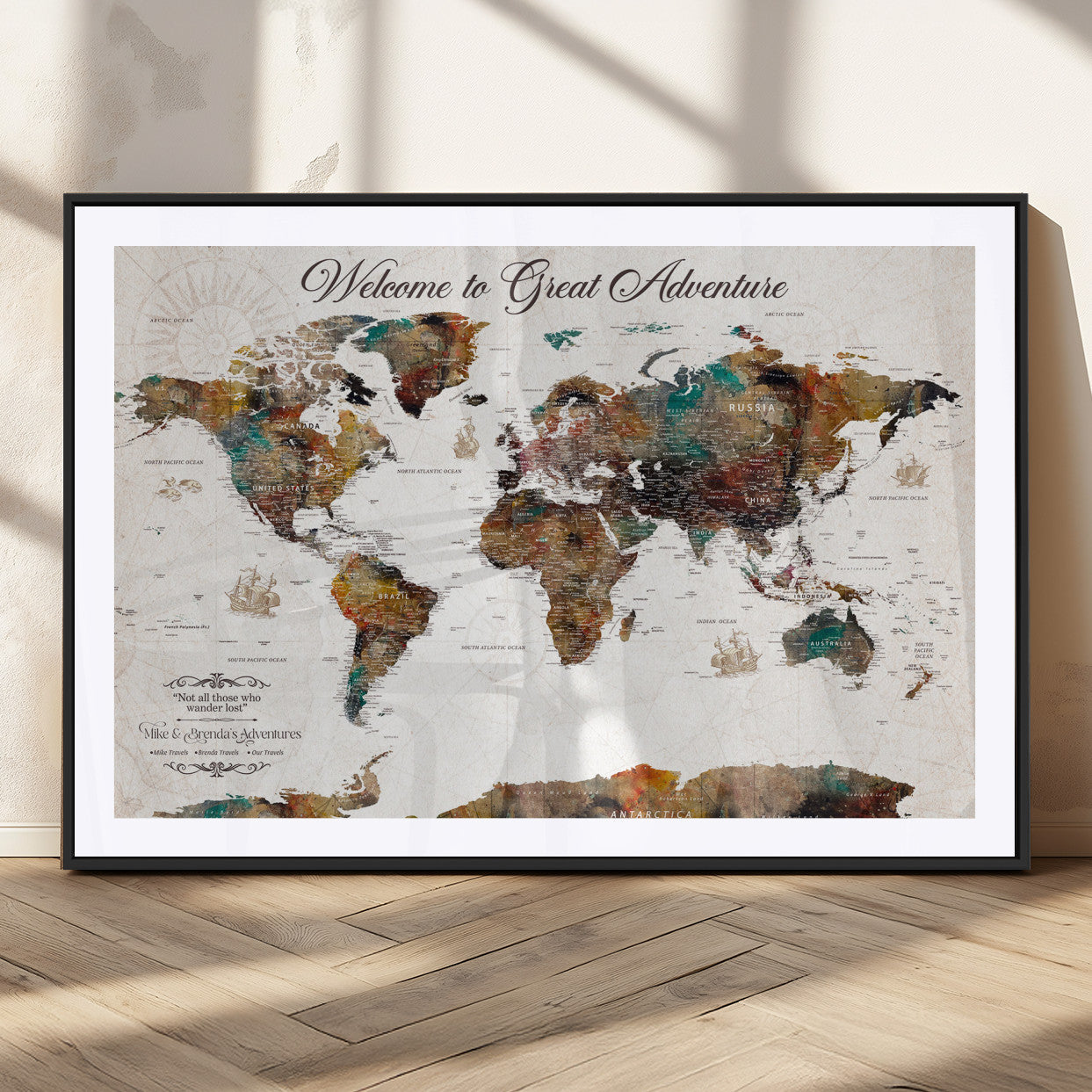 67029173-MGC-FP-36x24_Black-Personalized World Map Wall Art – Colorful Vintage Adventure Travel Map with Custom Couple Names, Rustic Wall Decor for Home,