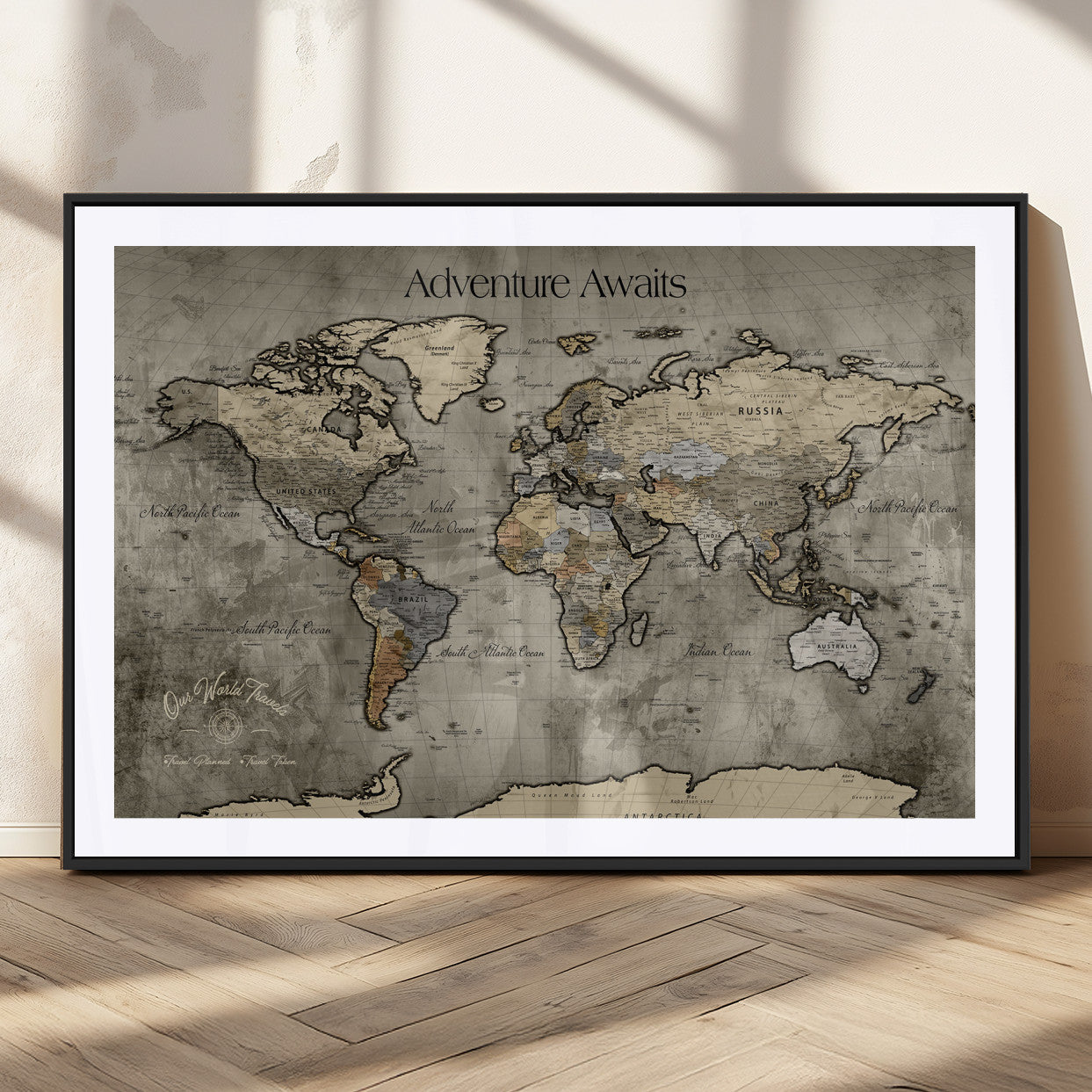 72658967-MGC-FP-36x24_Black-Personalized World Map Wall Art – Adventure Awaits Rustic Sepia Travel Map with Custom Names, Vintage Wall Decor for Couples, Home