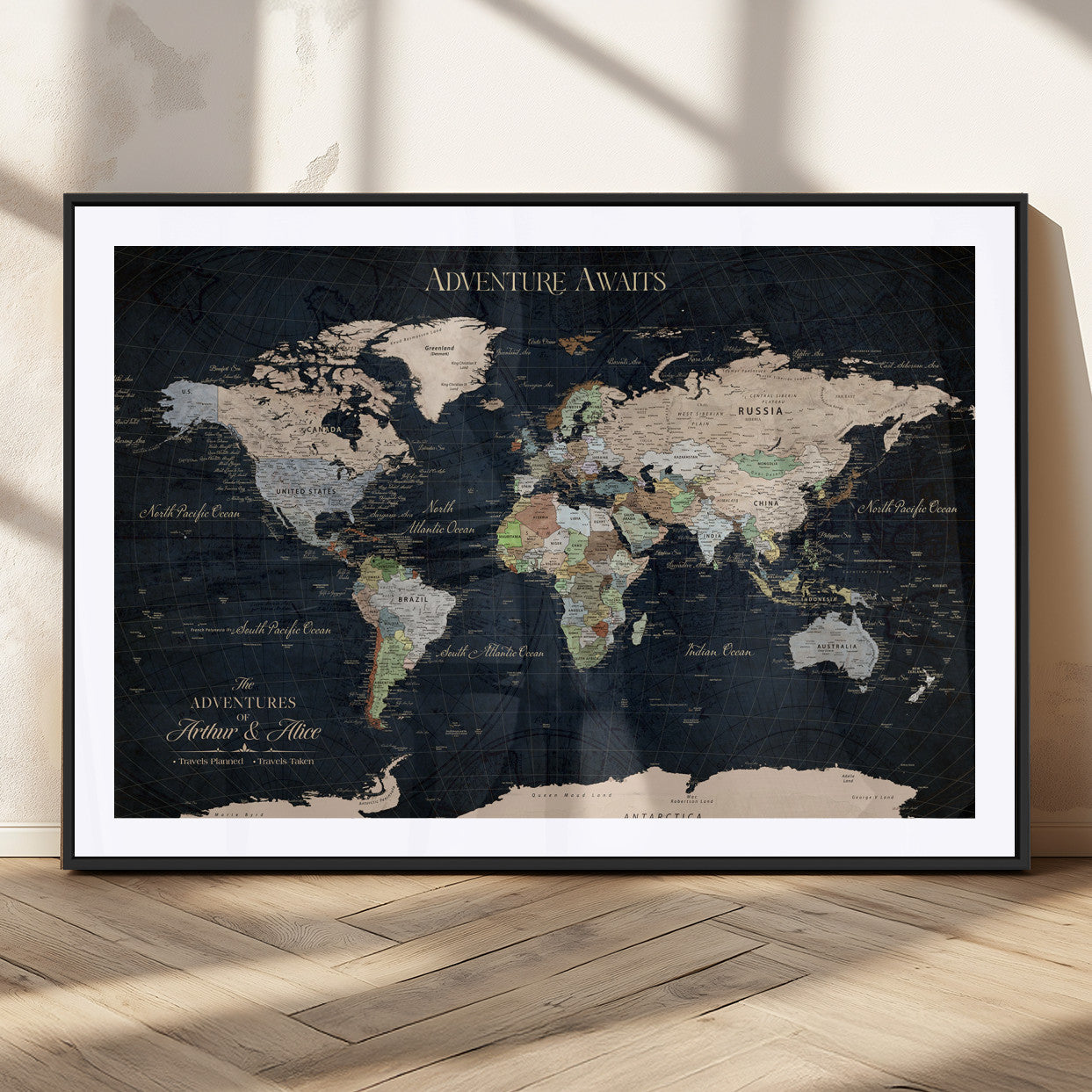 15547583-MGC-FP-36x24_Black-Personalized World Map Wall Art – Rustic Navy Adventure Awaits Travel Map with Custom Couple Names, Vintage Wall Decor for Home or