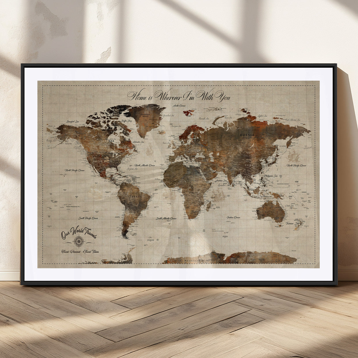 48225643-MGC-FP-36x24_Black-Personalized World Map Wall Art – Rustic Vintage Adventure Travel Map with Custom Couple Names, Romantic Wall Decor for Home or