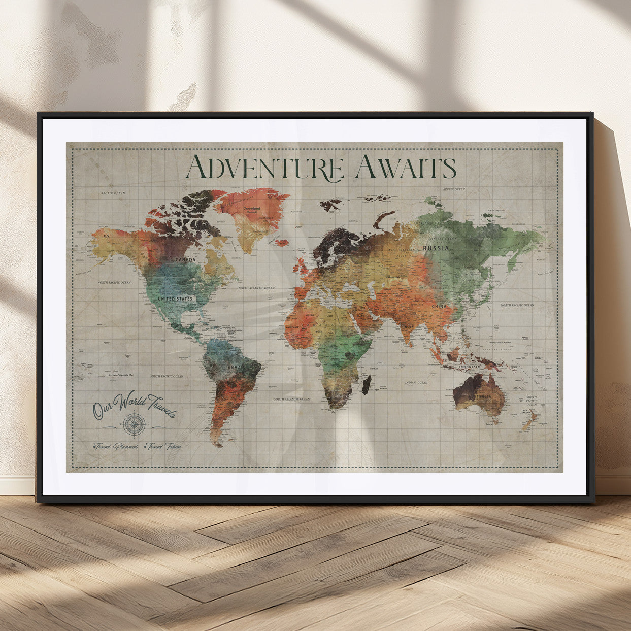 24737989-MGC-FP-36x24_Black-Personalized World Map Wall Art – Colorful Vintage Adventure Travel Map with Custom Names, Unique Wall Decor for Couples,