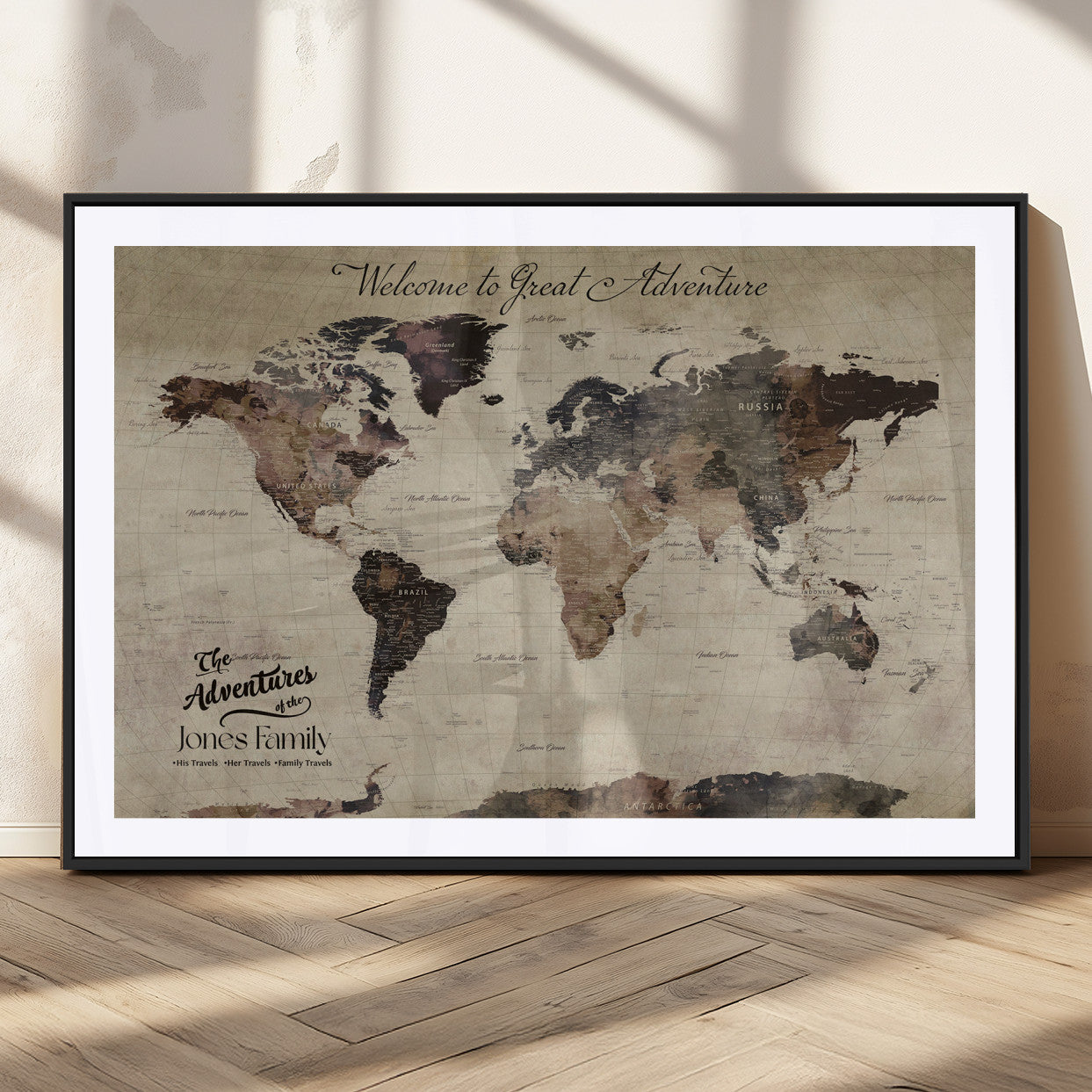 78610079-MGC-FP-36x24_Black-Personalized World Map Wall Art – Vintage Rustic Travel Map with Custom Family Name, Adventure Wall Decor for Home, Family Gift or