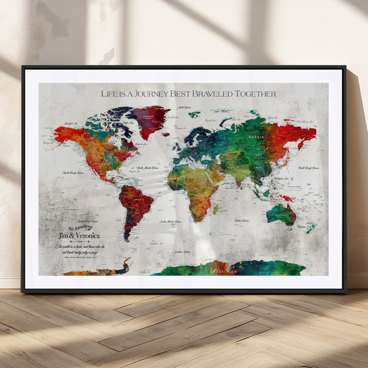 95876117-MGC-FP-36x24_Black-Personalized World Map Wall Art – Colorful Watercolor Travel Map with Custom Names, Romantic Wall Decor for Couples, Wedding or
