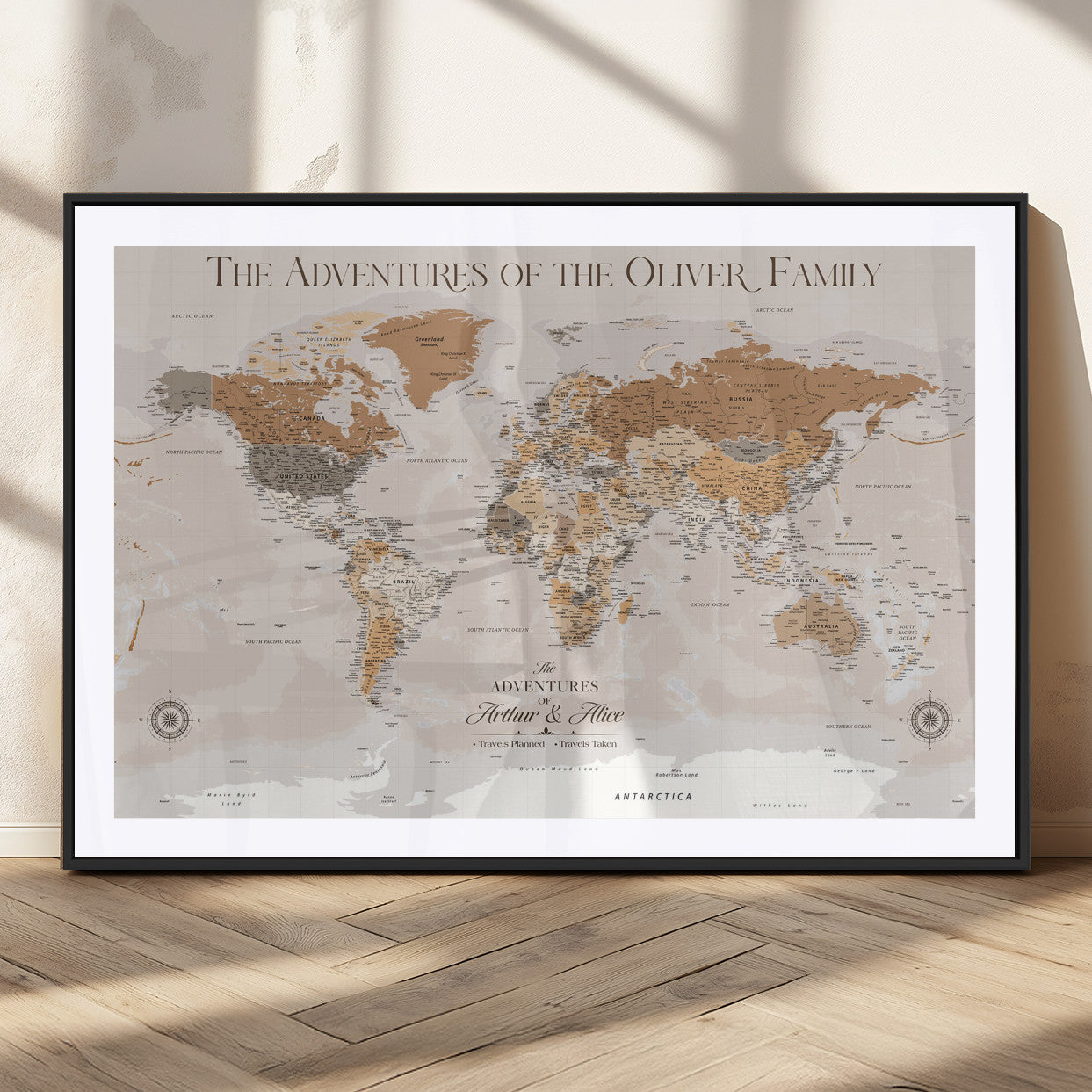 34289723-MGC-FP-36x24_Black-Personalized World Map Wall Art – Elegant Beige and Brown Adventure Map Canvas Print for Family Home, Living Room, Study or Office