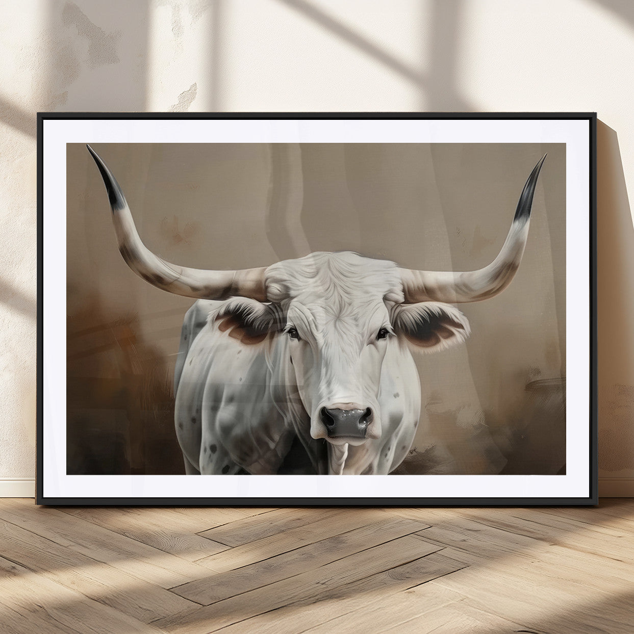 63550-MGV-CV-36X24-Texas Longhorn Wall Art Canvas Print, Framed White Bull Art Picture Print, Horned Cattle Perfect Rustic Western Decor Artwork