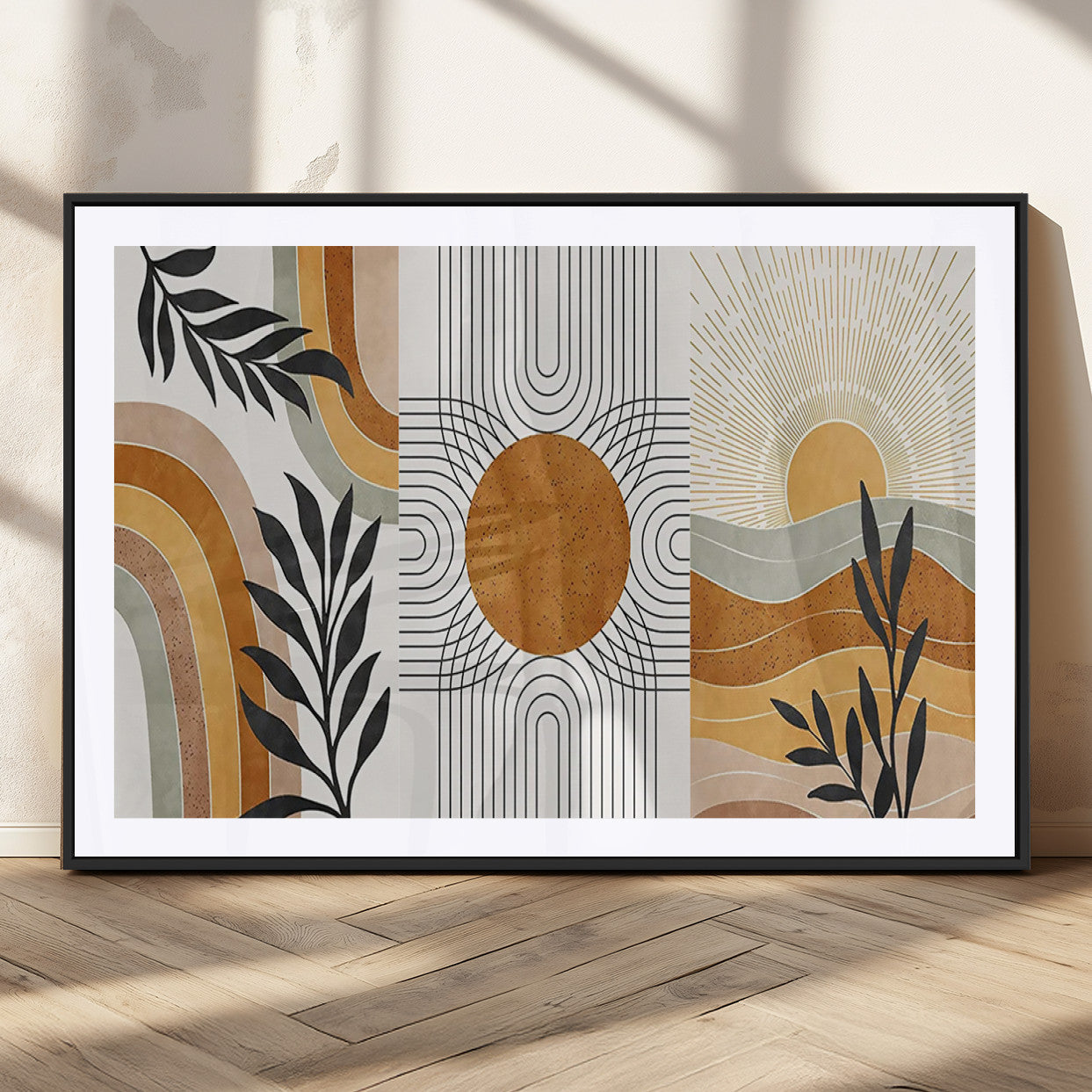 32359-MGV-CV-36X24-Modern Sun Wall Art Canvas Print, Framed Retro Horizon Art Picture Print, Sunburst Design Perfect Mid Century Boho Decor Artwork