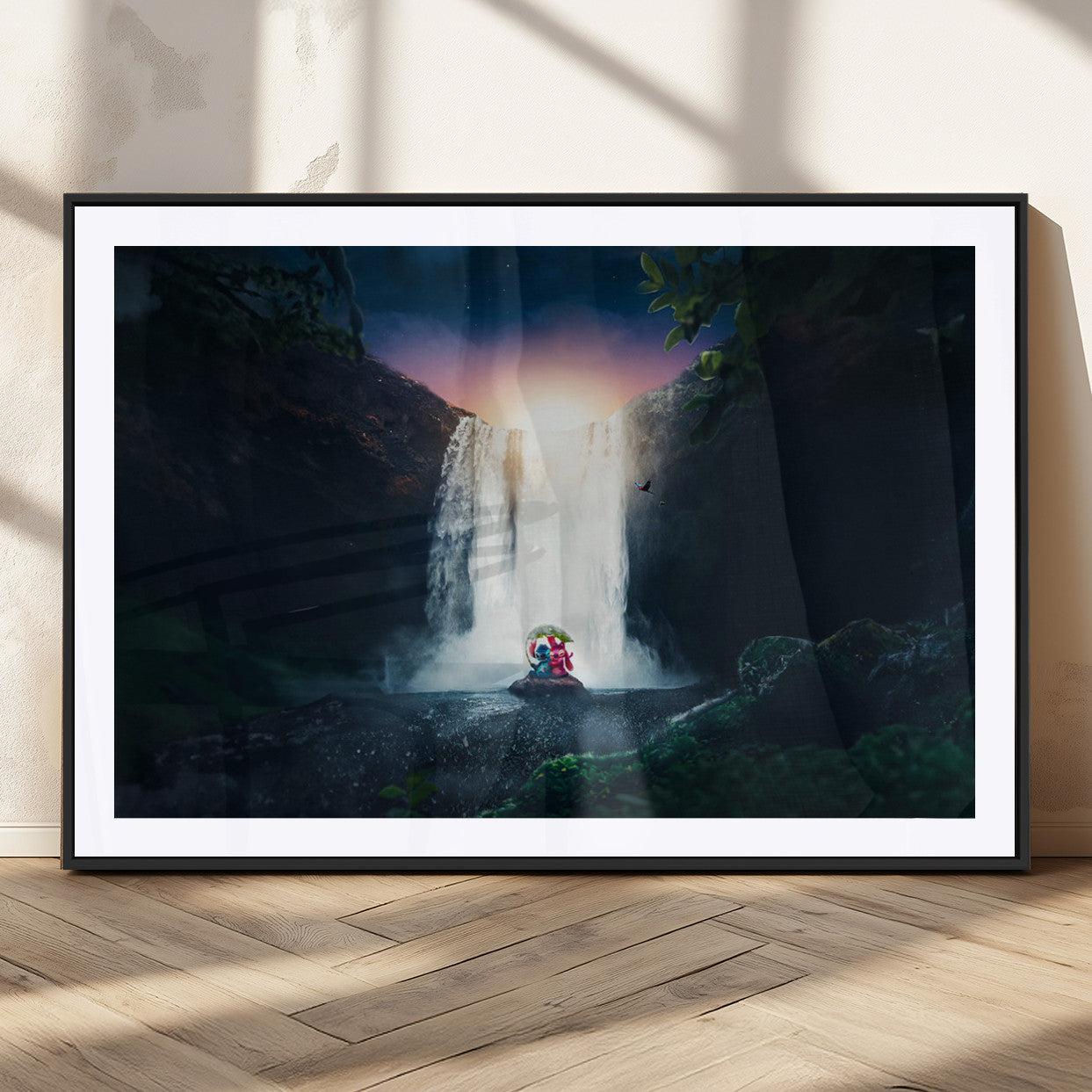 56359-MGC-FP-36x24_Black-Lilo Stitch Wall Art Canvas Print, Framed Stitch Angel Art Picture Print, Cartoon Waterfall Perfect Tropical Fantasy Decor Artwork