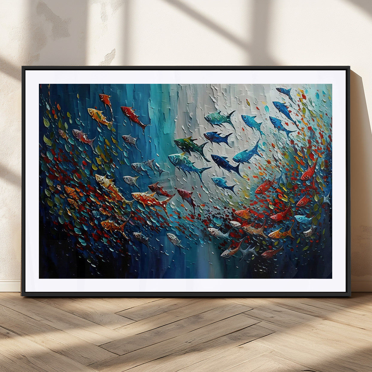89626-MGC-FP-36x24_Black-Fish Swarm Wall Art Canvas Print, Framed Abstract Ocean Art Picture Print, Underwater Life Perfect Vibrant Coastal Decor Artwork