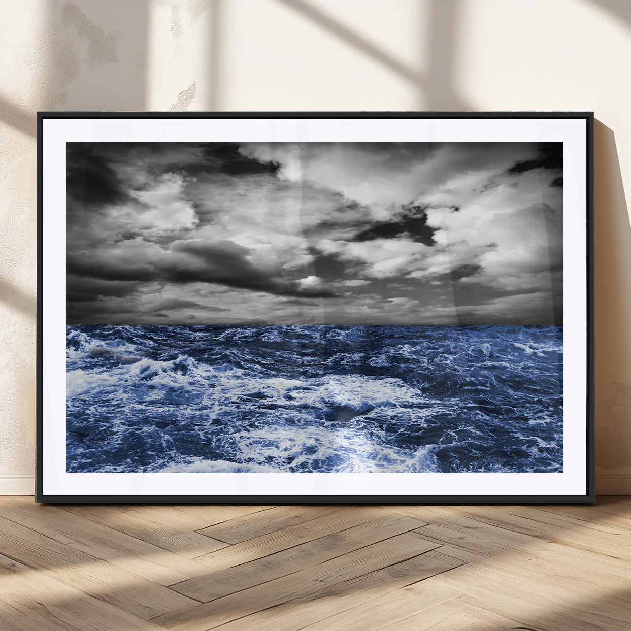 91043-MGC-FP-36x24_Black-Stormy Ocean Wall Art Canvas Print, Framed Moody Seascape Art Picture Print, Monochrome Sea Perfect Coastal Drama Decor Artwork
