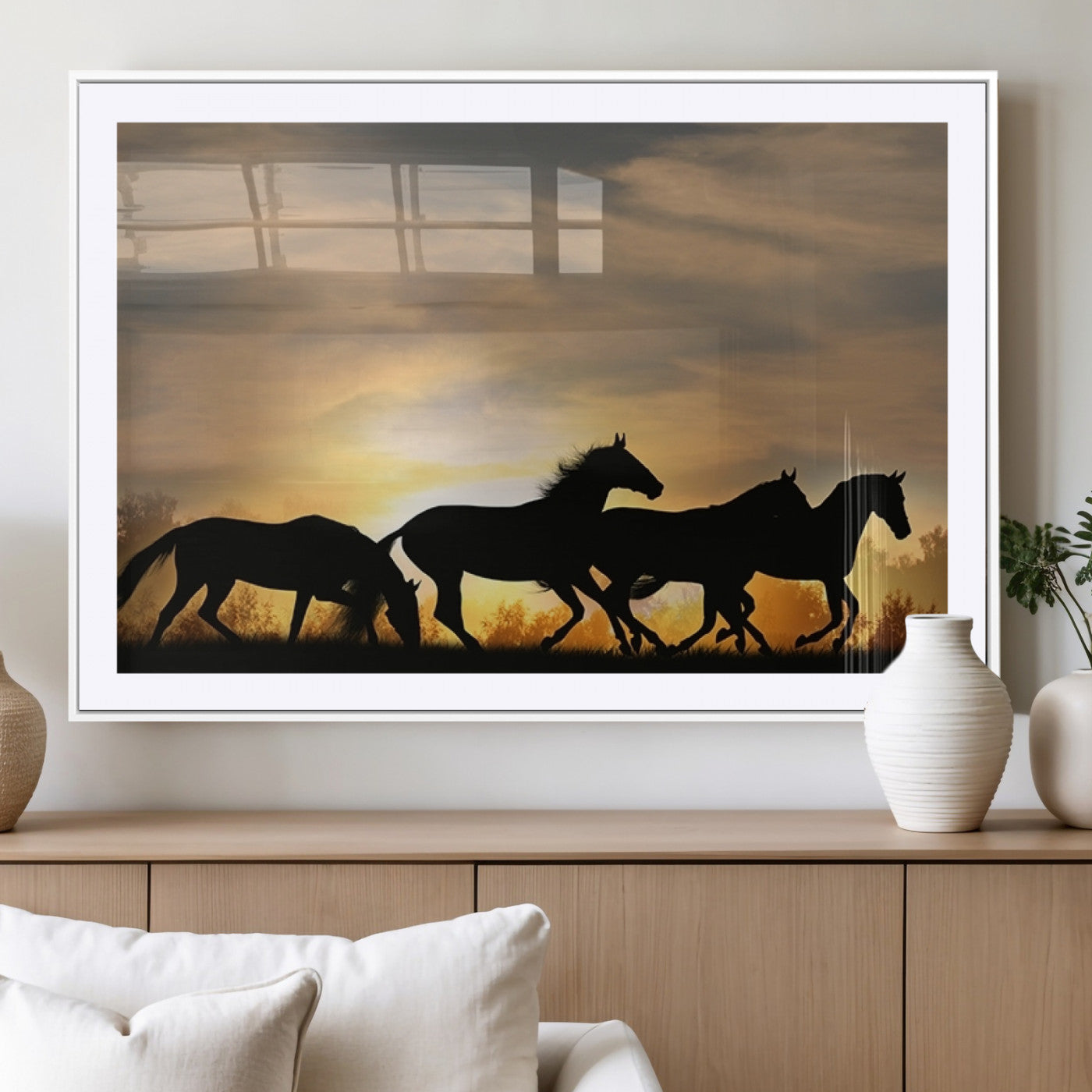 16620-MGV-CV-36X24-Sunset Stallions Wall Art – Silhouetted Horses Running Canvas Print, Nature’s Rhythm, Perfect for Living Room, Office, or Man Cave