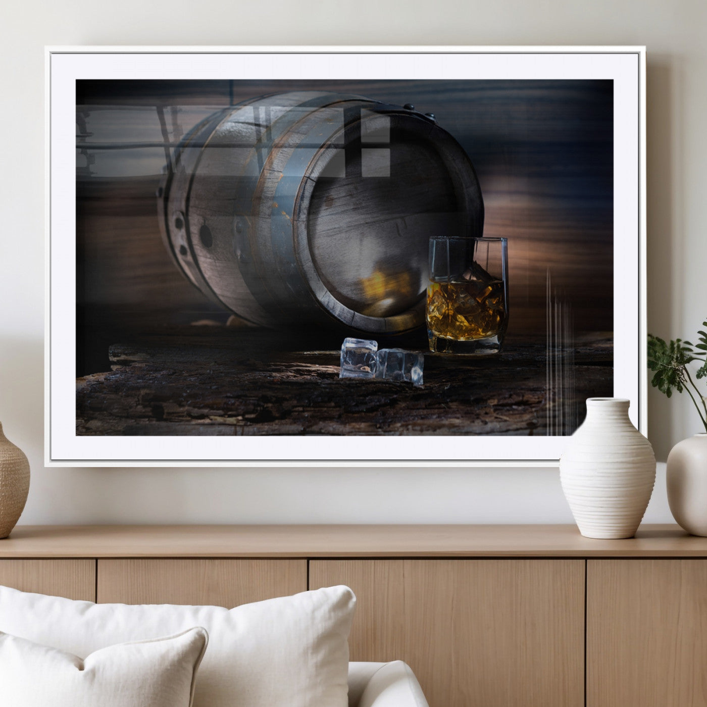 78049-MGV-CV-36X24-Whiskey Barrel Wall Art – Rustic Whiskey Barrel and Glass with Ice Canvas Print, Classic Bar or Lounge Decor for Home, Office, or