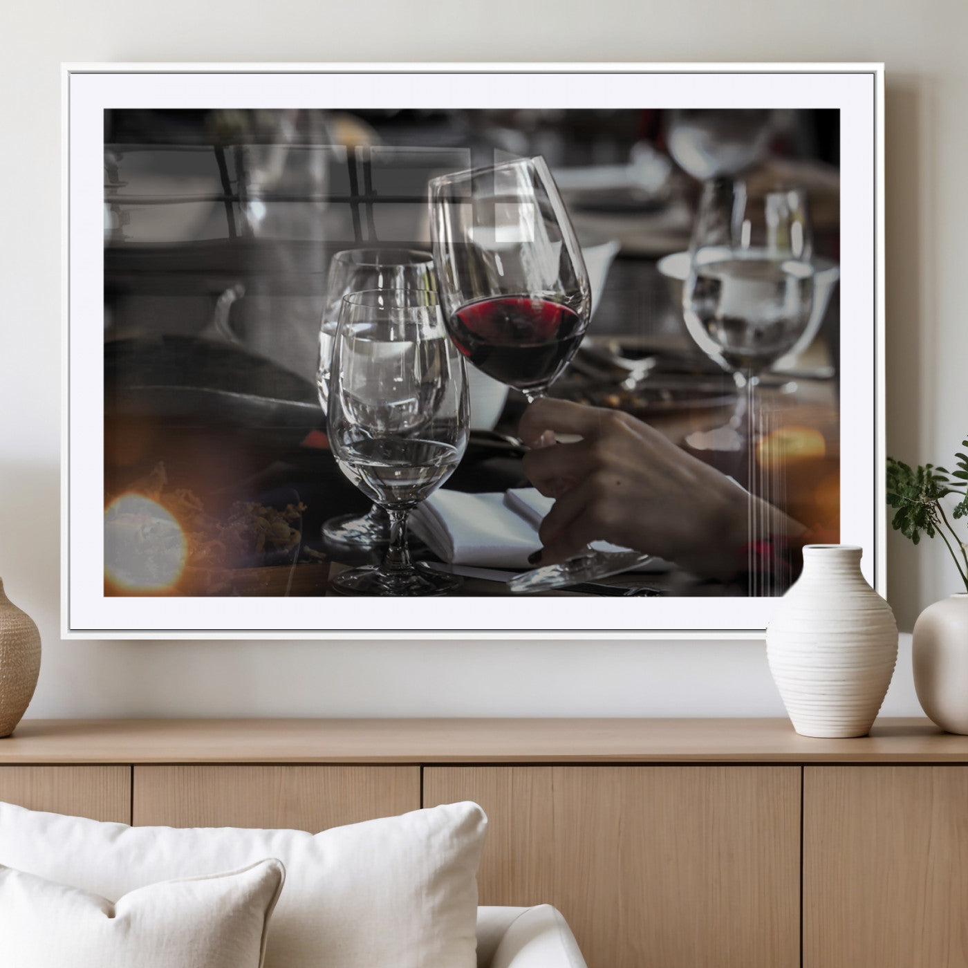 75513-MGV-CV-36X24-Elegant Wine Toast Wall Art – Close-Up Red Wine Glass at Dinner Table Canvas Print, Sophisticated Dining Room or Bar Decor