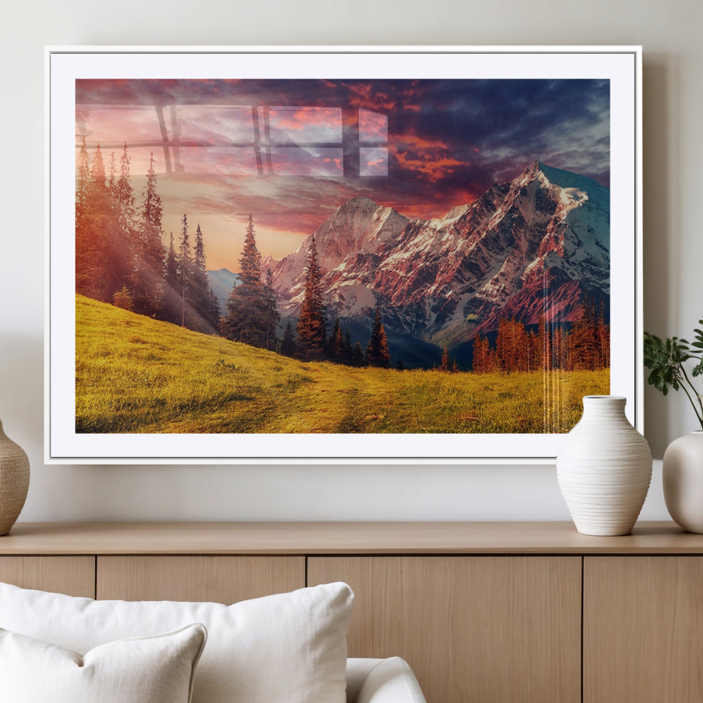 83947-MGV-CV-36X24-Sunset Mountain Landscape Wall Art – Panoramic Alpine Meadow and Snow Capped Peaks Canvas Print, Nature Scenic Decor for Home,