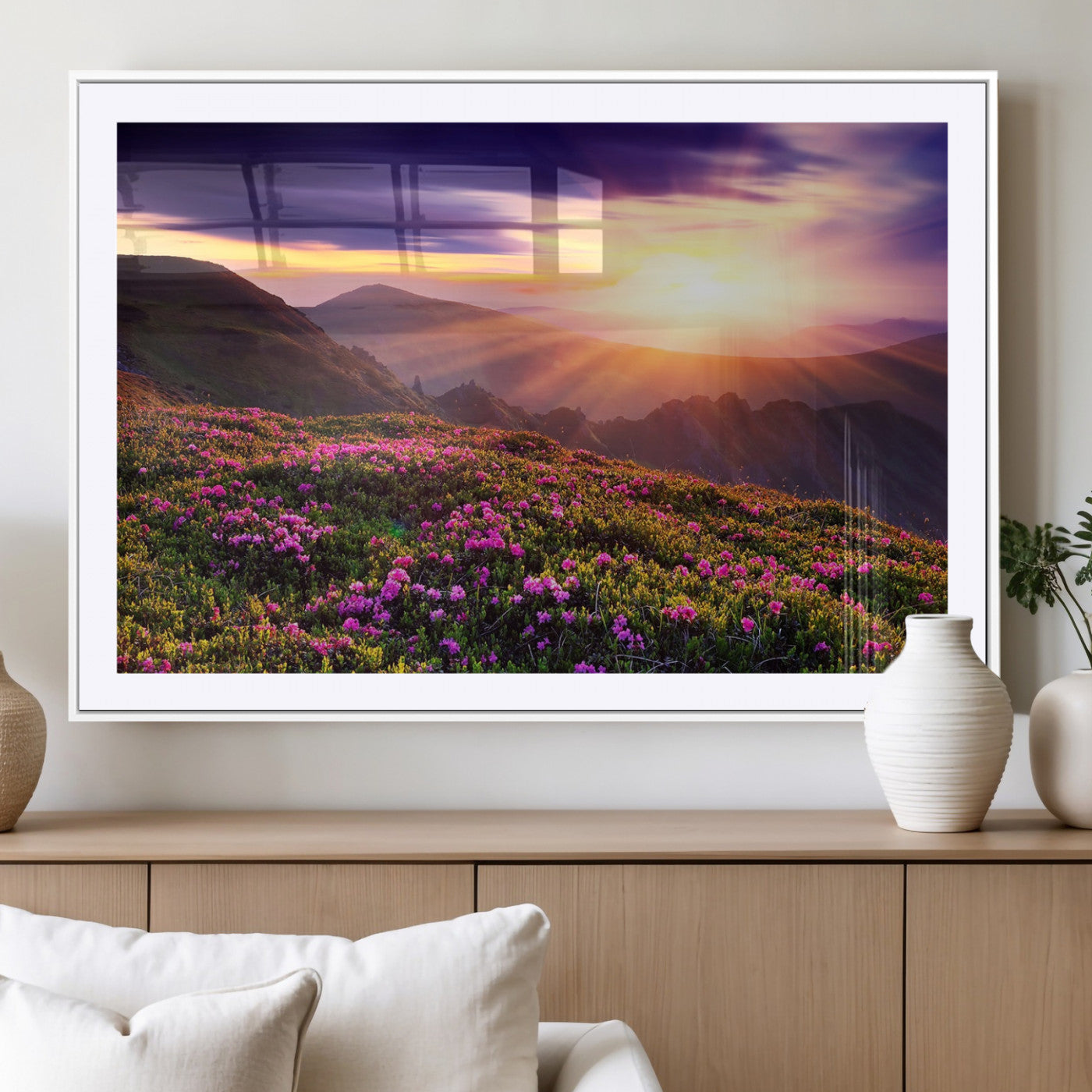 49741-MGC-FP-36x24_White-Mountain Sunrise Wall Art – Vibrant Floral Landscape Canvas Print, Nature Home Decor for Living Room, Bedroom Office or Cabin