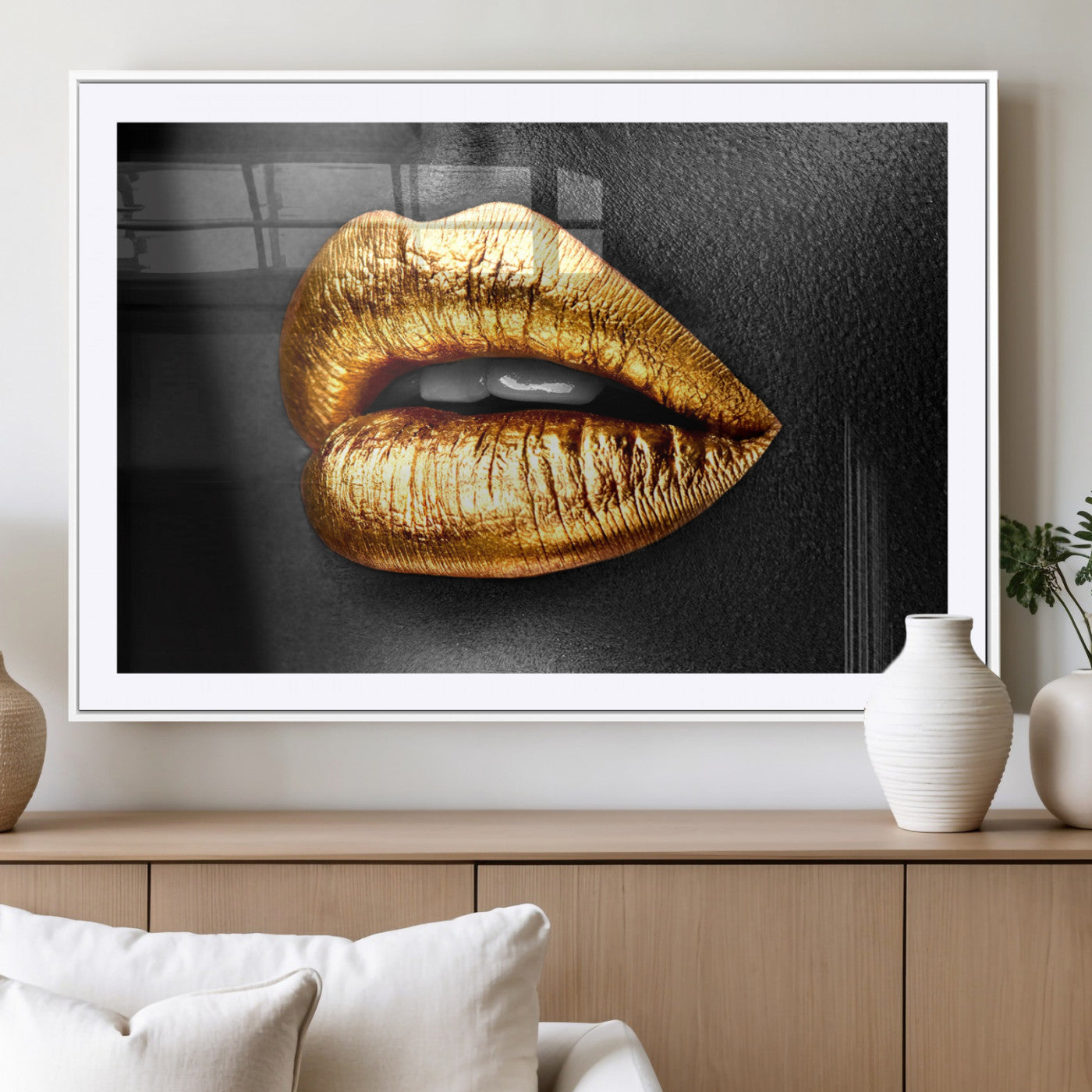 84747-MGV-CV-36X24-Golden Lips Black & White Portrait – Glamorous Metallic Lip Art Print, Modern Wall Decor for Bedroom, Beauty & Fashion Lover Gift