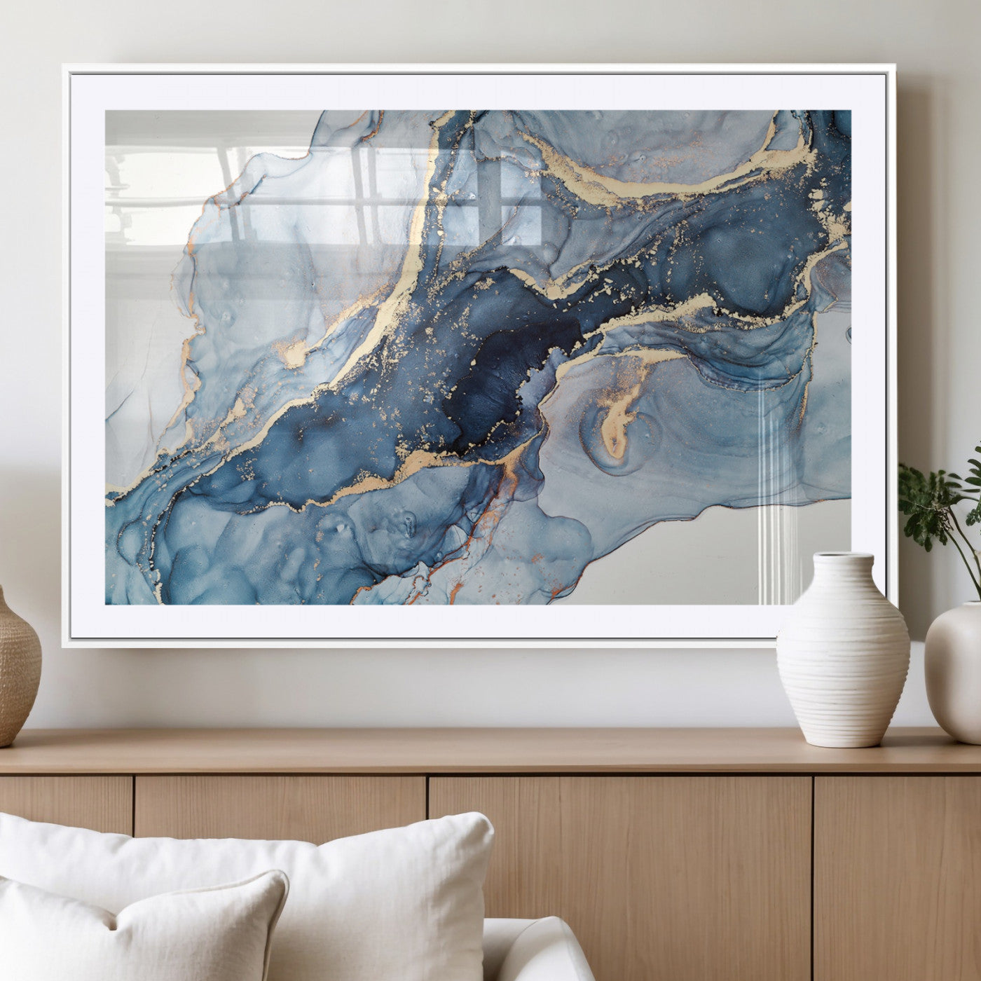 33782-MGV-CV-36X24-Abstract Marble Wall Art – Blue & Gold Fluid Painting Canvas Print, Modern Home Decor for Living Room, Bedroom or Office