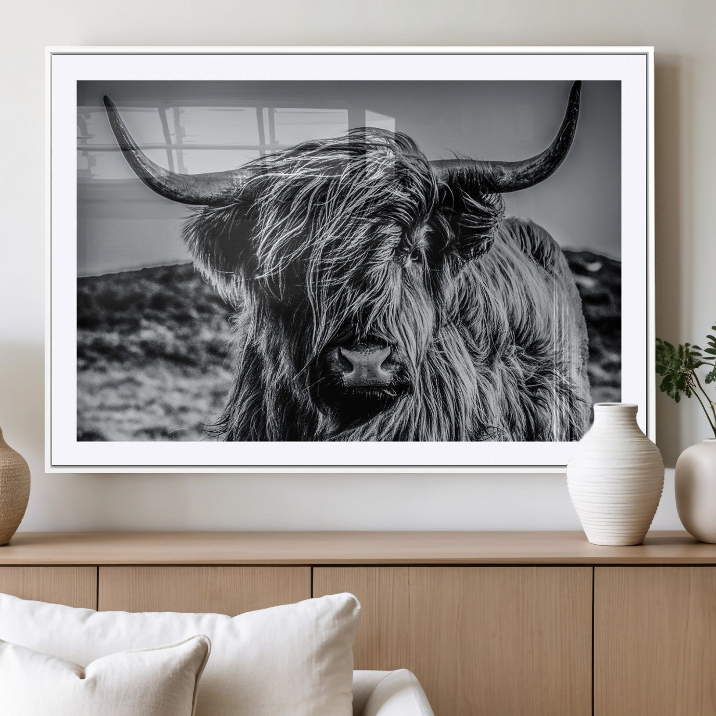 97372-MGV-CV-36X24-Elegant Highland Cow Wall Art – Black and White Canvas Print, Rustic Nature Decor for Home, Office, Living Room or Man Cave