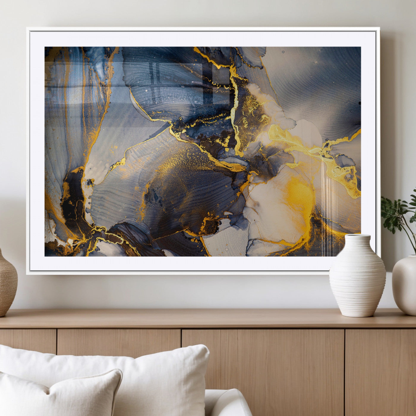 42100-MGV-CV-36X24-Golden Flow Abstract Wall Art – Panoramic Modern Blue and Gold Canvas Print, Contemporary Artistic Decor for Home, Office