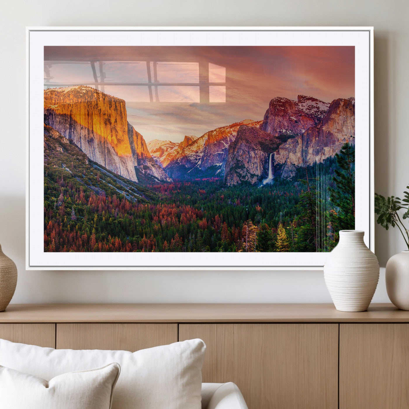 24519-MGV-CV-36X24-Yosemite Valley Sunset Wall Art – Majestic Mountain Landscape with Waterfall and Vibrant Sky, Nature Photography for Home or