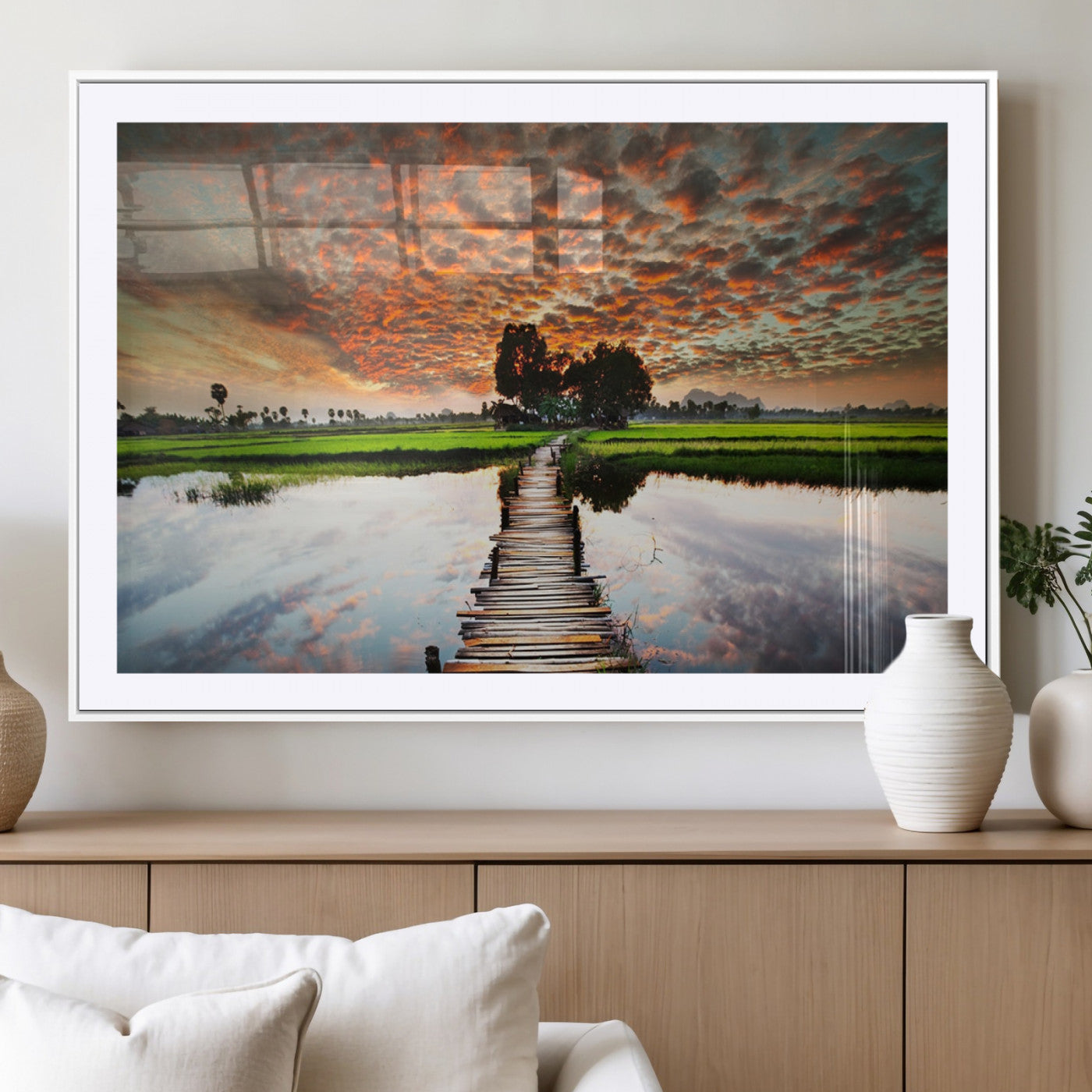 29105-MGV-CV-36X24-Rustic Wooden Bridge Wall Art – Scenic Sunset Over Rice Fields and Reflective Water Canvas Print, Nature Landscape Decor for