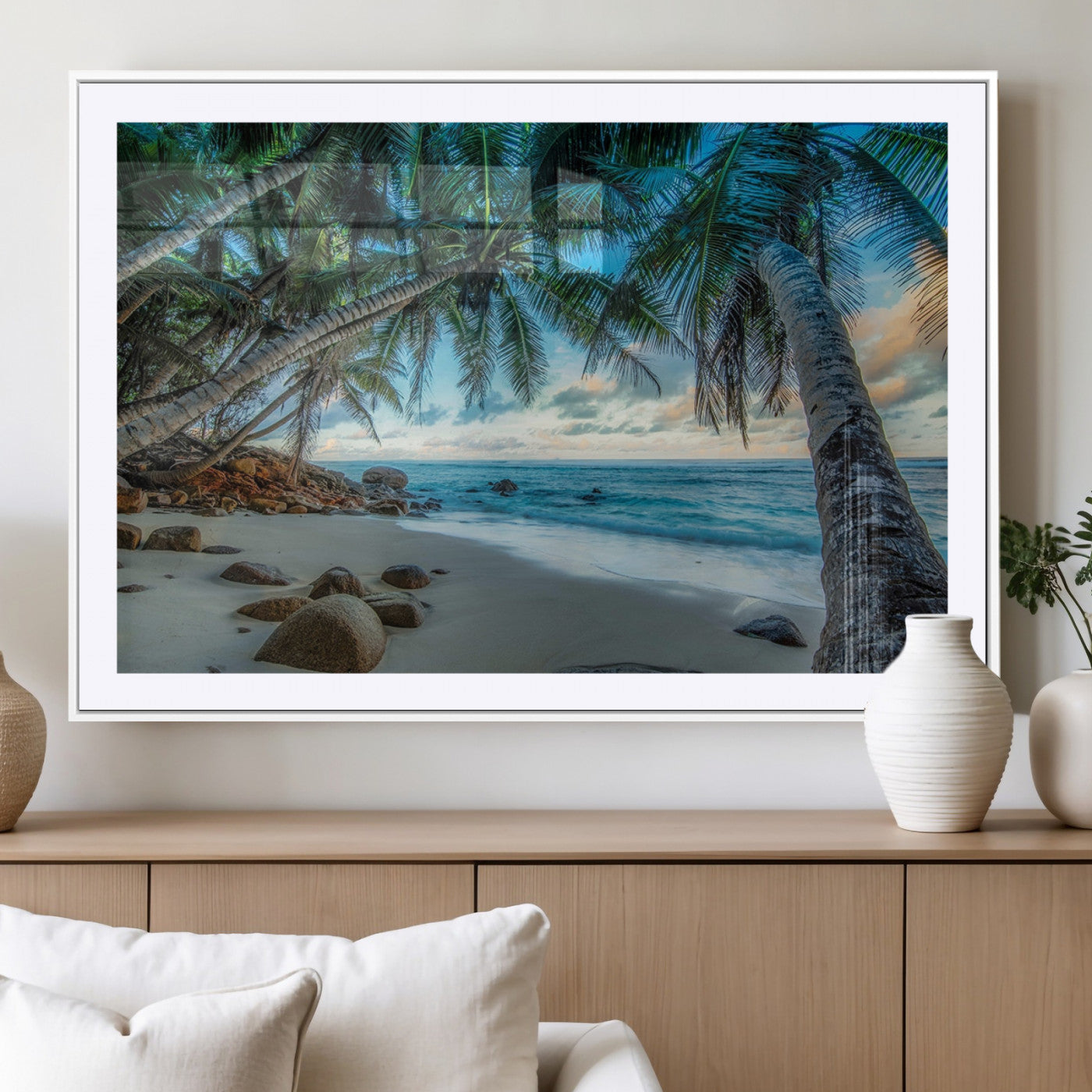 39679-MGC-FP-36x24_White-Tropical Palm Beach Wall Art – Serene Ocean Canvas Print with Palm Trees and Rocks, Coastal Paradise Decor for Living Room or