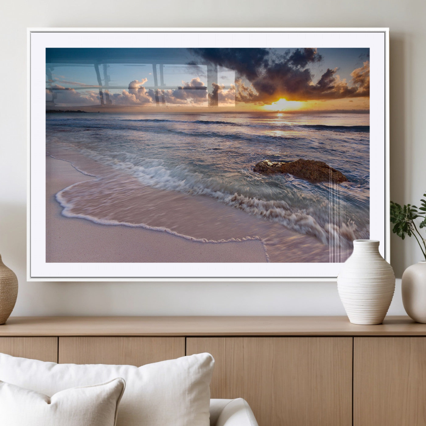 94906-MGC-FP-36x24_White-Sunrise Beach Wall Art – Panoramic Ocean Waves Canvas Print, Coastal Sunset Seascape Artwork for Living Room, Bedroom, or Office