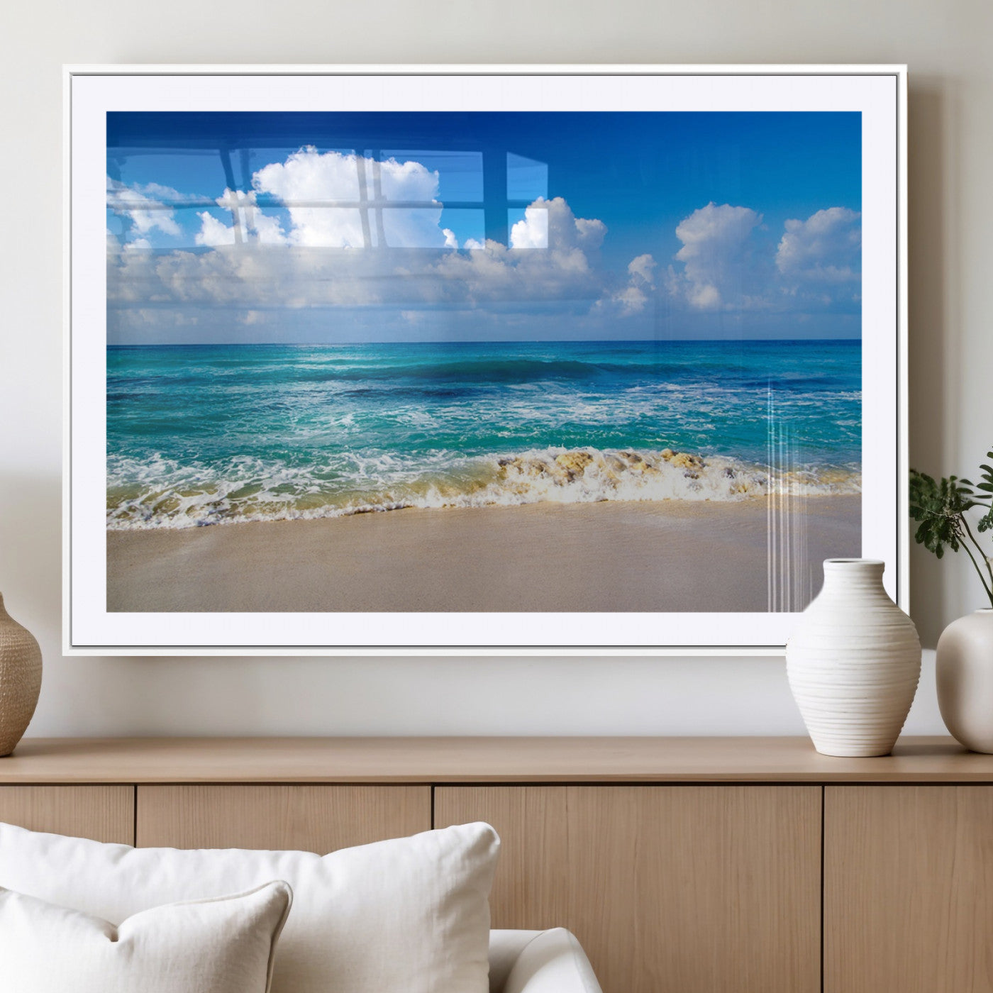 60364-MGC-FP-36x24_White-Tropical Ocean Wave Wall Art – Serene Blue Sea and White Sand Beach Canvas Print, Coastal Landscape Decor for Living Room, Bedroom