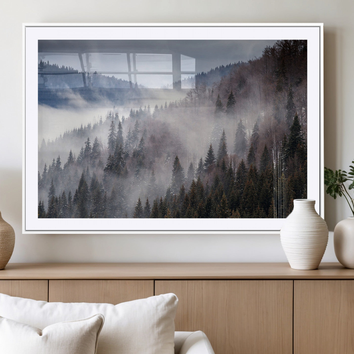 18459-MGC-FP-36x24_White-Misty Pine Forest Wall Art – Serene Mountain Landscape Canvas Print, Tranquil Nature Artwork for Living Room, Bedroom, Cabin or