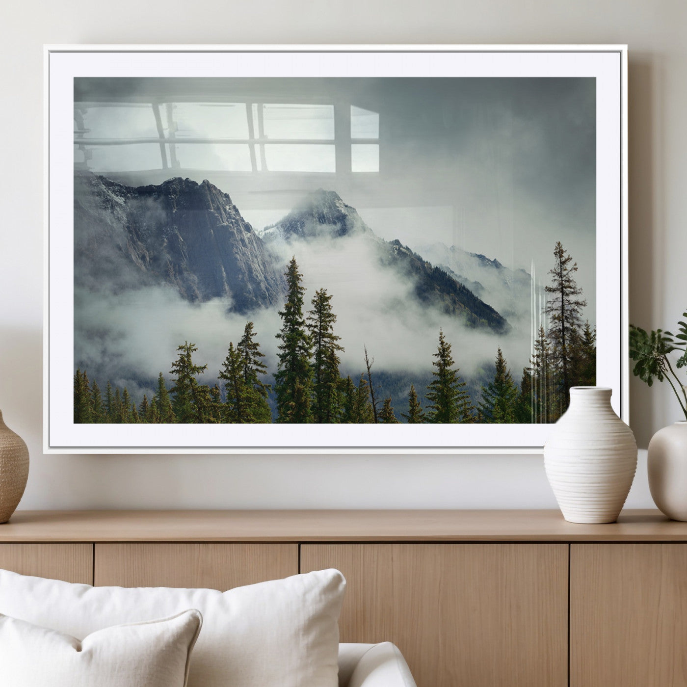 93219-MGC-FP-36x24_White-Misty Mountain Wall Art – Foggy Pines and Rocky Peaks Canvas Print, Nature Landscape Decor for Living Room, Office or Bedroom